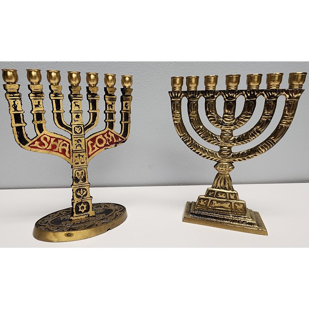 2 Vintage Brass Mini Menorahs 7-Candle SHALOM JERUSALEM Judaica Decor